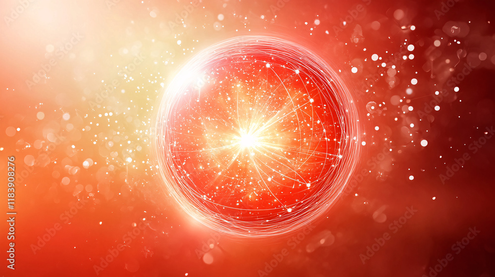 Poster a red ball with radiating light inside, surrounded by a dynamic, futuristic design on a black and re