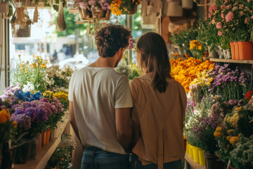 Rear view of a young couple choosing wedding flowers at a colorful flower shop, looking at colorful bouquets and arrangements