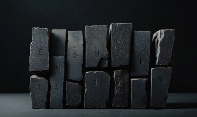 Dark Stone Texture with Shadowed Engravings on Rough Black Surface