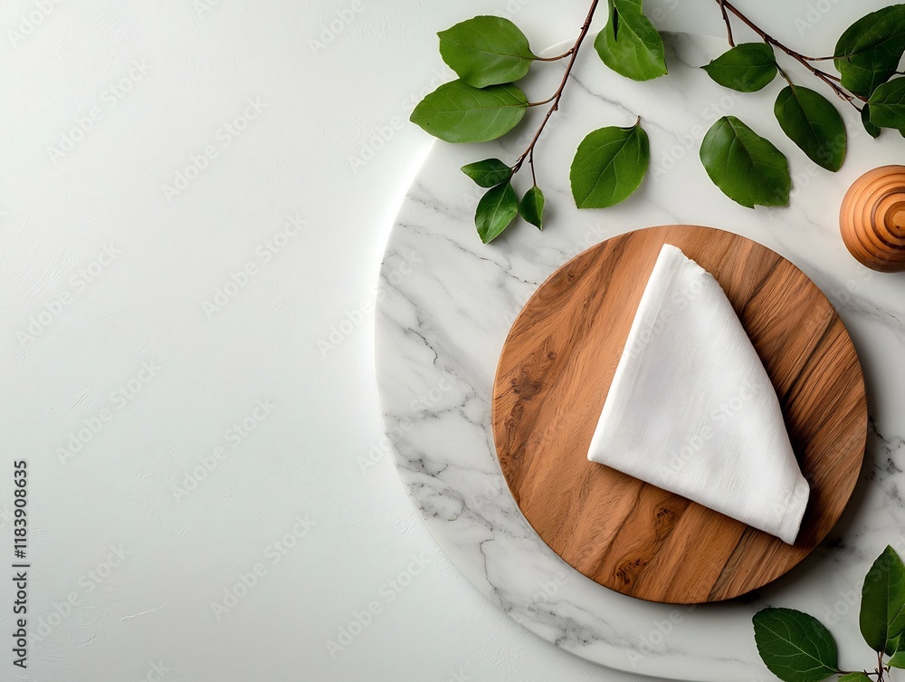 Poster overhead view of a marble surface with a simple wooden board and delicate linen napkin capturing a v