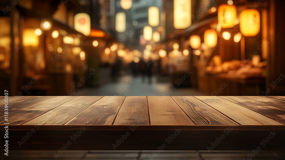 Aufkleber Background for product display or montage empty wooden table top with a blurred background of a japanese winter market