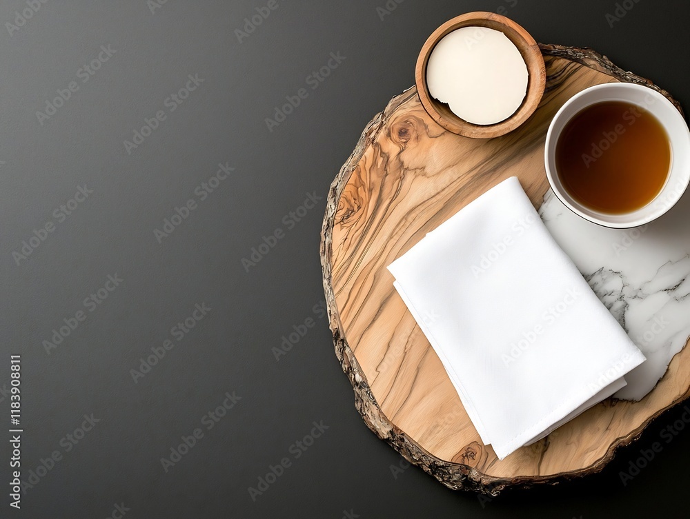 Aufkleber overhead view of a marble tabletop with a rustic wooden board and a crisp white napkin creating a mi