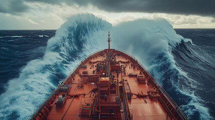 The deck of a ship colliding with powerful waves, water surging high into the air, an ominous sky with heavy clouds, a sense of adventure and resilience.