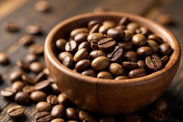 Fototapeta premium Wooden bowl brimming with light brown coffee beans, aroma, wood, drink