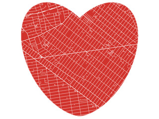 Heart-Shaped Map of Bushwick  New York, USA in Bold Red and White Design.