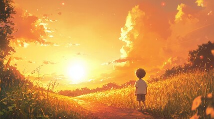Obraz premium Boy gazing at stunning sunset over golden field of grass