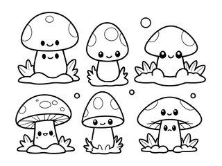 Adorable Kawaii Mushrooms Coloring Page: Six Cute Fungi Friends