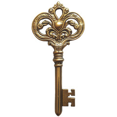 Ornate Golden Key on White Background, a decorative and elegant key featuring intricate designs, perfect for digital uses and graphic projects