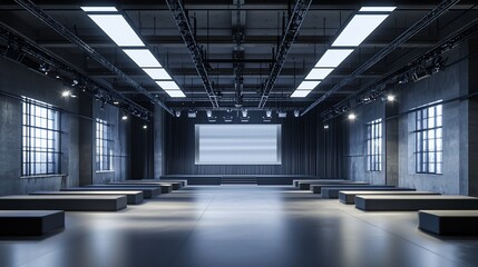 Obraz premium Modern industrial event space with stage and seating.