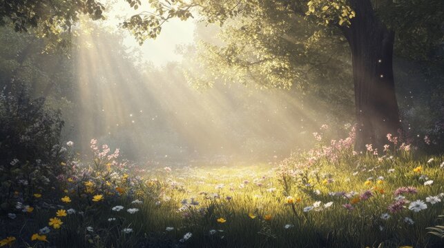 Tranquil Forest Scene with Sun Rays and Colorful Wildflowers - Powered by Adobe