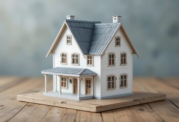 A charming white model house sits on a wooden base