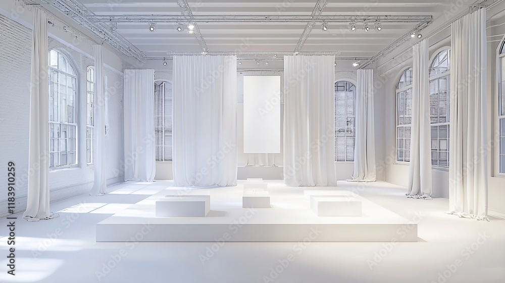 Aufkleber Minimalist white room with display platform and curtains.