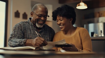 Mature smiling couple sitting and managing expenses at home. Happy mid black man and woman paying bills and managing budget. Middle aged african american couple checking accountancy and bills.