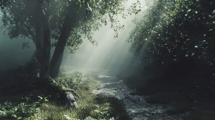 Obraz premium Serene Forest Scene with Sunlight Filtering Through Tree Canopy