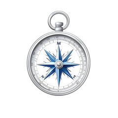 Shiny metal compass displaying cardinal directions on a clean white background, ideal for navigation-themed designs and illustrations