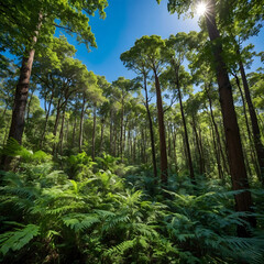 Fototapeta premium Tall trees and lush ferns thrive under bright sunlight in a serene forest setting during midday