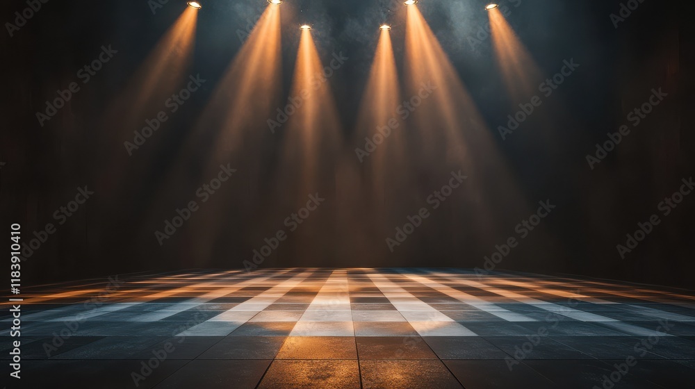 Poster empty performance stage with light squared floor and illuminated from spotlights on top. 3d renderin