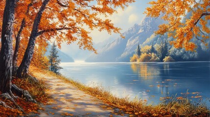 Tranquil Autumn Landscape with Vibrant Foliage and Serene Water