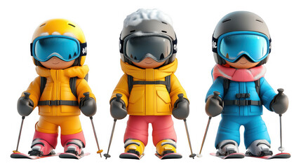 Fototapeta premium [Animated Ski Characters Lined Up] Animated Skiing Trio in Winter Sports Gear Ready for Action