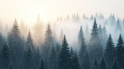Fototapeta premium Misty sunrise over a snow-dusted evergreen forest.