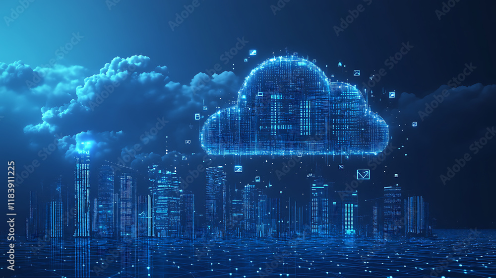 Poster Cloud technology banner with low poly cityscape and binary code on dark blue background big data visualization concept with polygonal clouds
