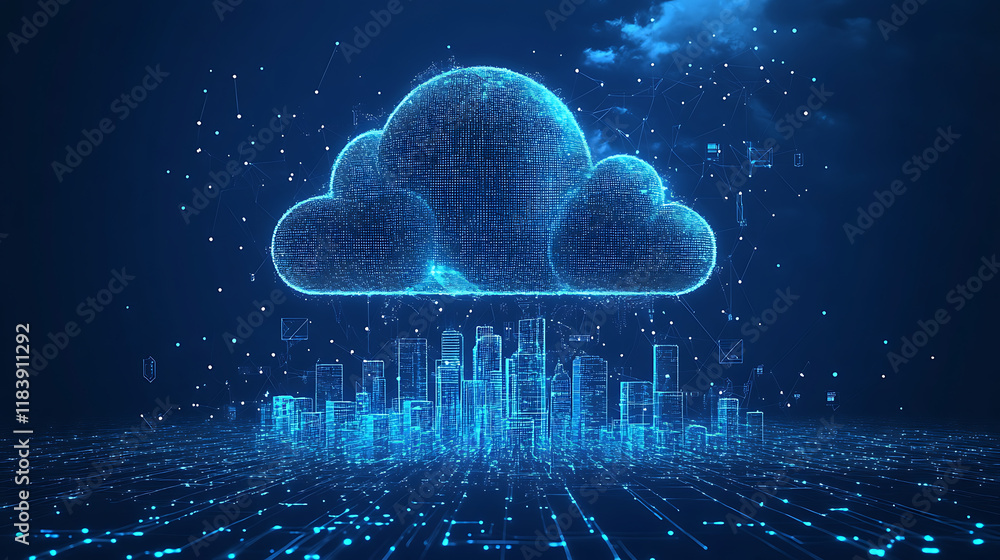 Leinwandbilder Cloud technology banner with low poly cityscape and binary code on dark blue background big data visualization concept with polygonal clouds