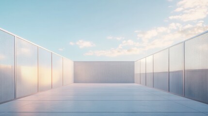 Obraz premium Blank open air presentation stage with glowing light between fence and floor and blue sky on background. 3D rendering, mock up