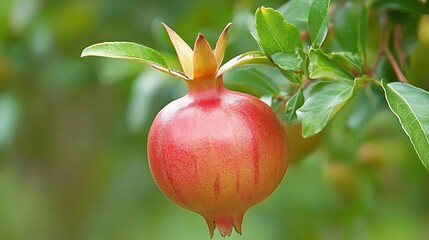 A budding Dunisia pomegranate plant with bright green leaves in the early growth stage.