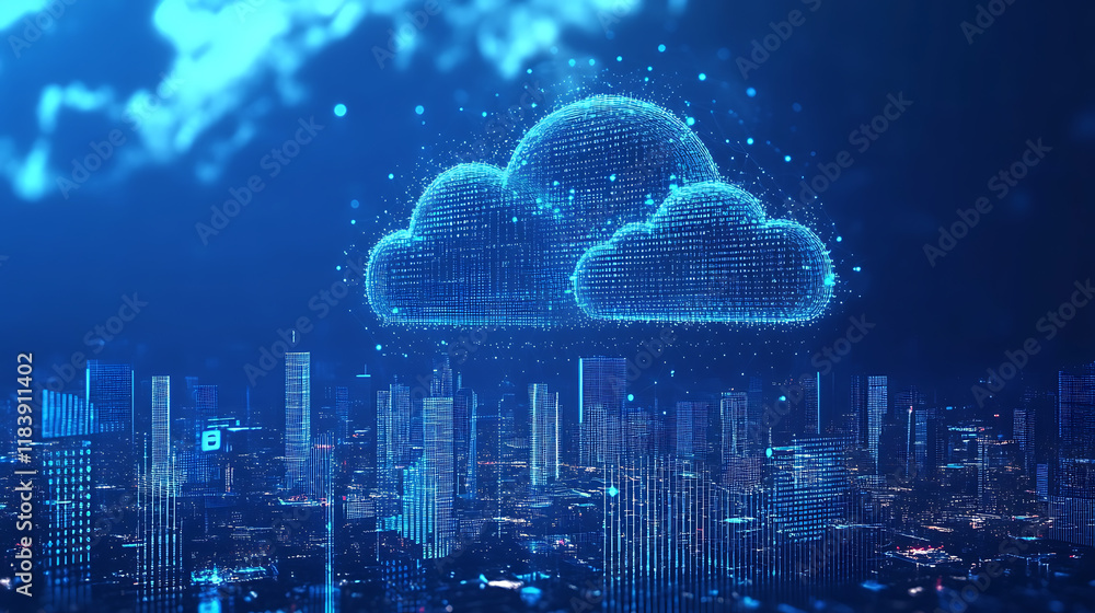 Poster Cloud technology banner with low poly cityscape and binary code on dark blue background big data visualization concept with polygonal clouds