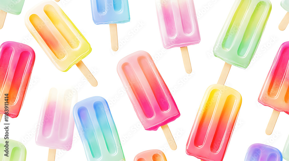 Poster Colorful ice cream popsicle pattern on white background cute and playful style bright colors with soft gradients