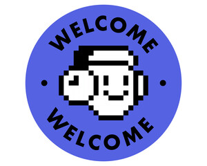 Pixel avatar head in headphones. Y2k smile funny face icon, emoji. Cool badge element. Geometric bright modern shape for collage, poster, stamp. Vector illustration. Pixel art sticker. Retro 90s style