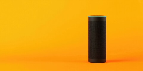 A sleek black smart speaker stands against a vibrant orange background, showcasing modern technology and minimalist design.
