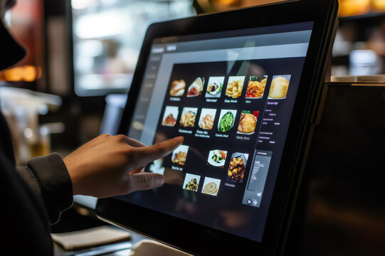 Customer uses a modern digital menu to select their desired dish in a fast food restaurant, enhancing the ordering experience