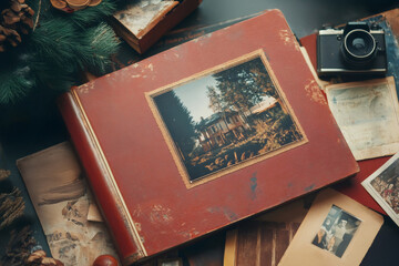Vintage red photo album showcasing a house photo and surrounded by old cameras, photos, and christmas decorations, evoking nostalgic family memories