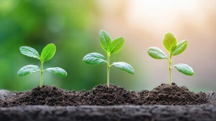 Naklejka premium Three young green plants sprout from rich soil, symbolizing growth and renewal against a blurred natural background.