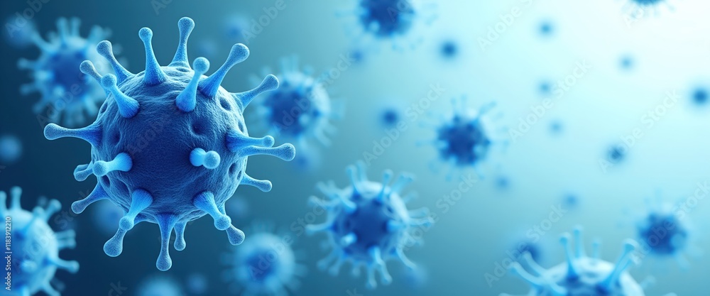 Poster microscopic view of numerous blue viruses. detailed 3d rendering of viral structures.