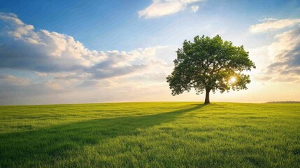 Obraz premium Majestic Tree on a Green Meadow Under a Bright Blue Sky