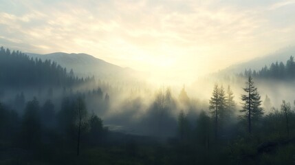 Fototapeta premium Misty Morning Landscape with Soft Sunlight in Serene Forest