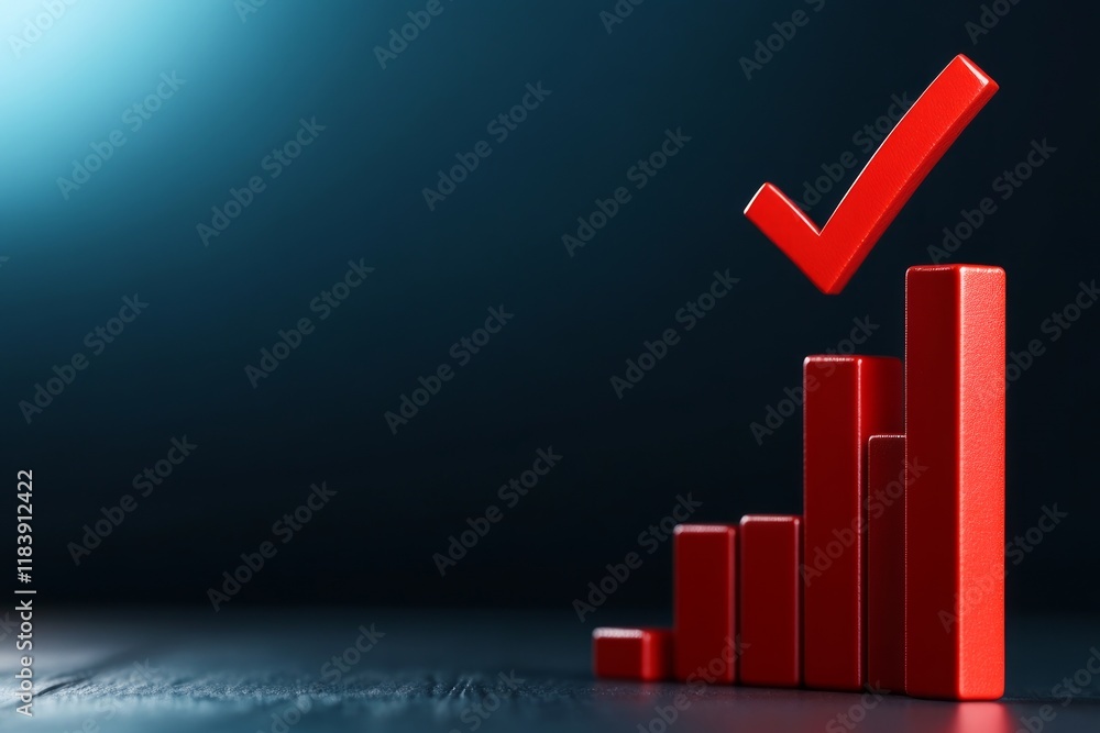 Poster approval and reduction concept. red bar graph with a checkmark against a dark background, symbolizin