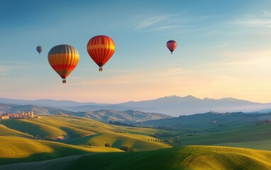 Naklejka premium A colorful hot air balloon festival over rolling green landscapes, with vibrant skies full of activity