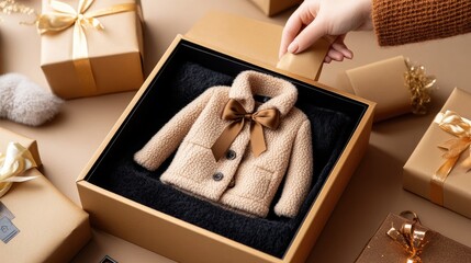 Fototapeta premium A close-up of hands untying the ribbon of an elegant gift box, revealing a cozy coat inside.