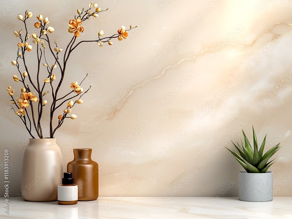 Poster soft neutral toned floral arrangement in a minimalist vase on a luxurious marble surface with high e