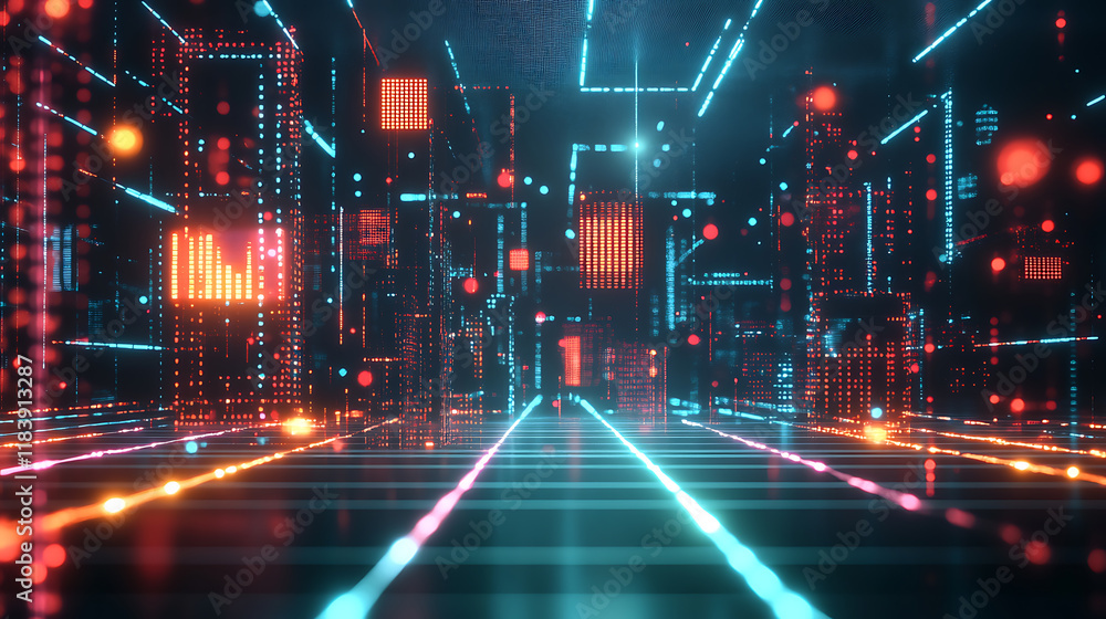 Poster Digital art of glowing neon data points and pixelated code blocks floating in the air, representing digital innovation for virtual events and future technology use cases visualizations