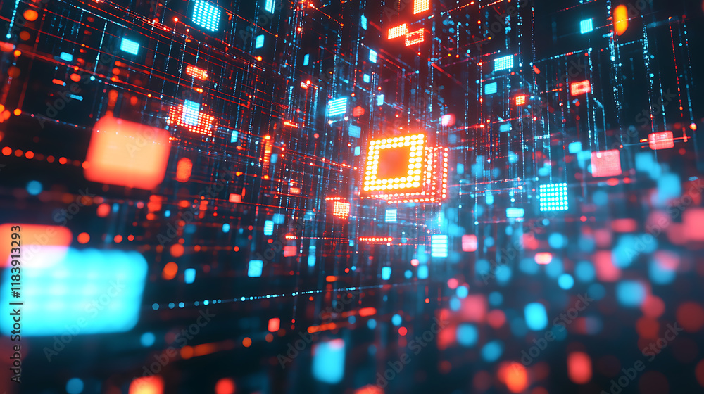 Poster Digital art of glowing neon data points and pixelated code blocks floating in the air, representing digital innovation for virtual events and future technology use cases visualizations