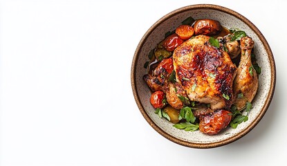 Fototapeta premium Roasted chicken with tomatoes and herbs in a bowl.
