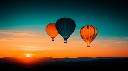 Obraz premium Three colorful hot air balloons floating at sunrise over scenic mountains and sky.