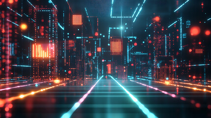 Fototapeta premium Digital art of glowing neon data points and pixelated code blocks floating in the air, representing digital innovation for virtual events and future technology use cases visualizations