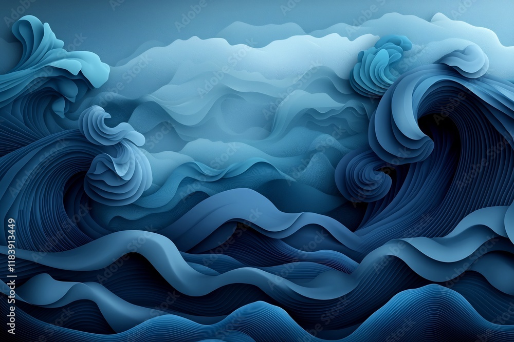 Poster striking abstract ocean waves in a mesmerizing palette of indigo midnight blue and periwinkle featur