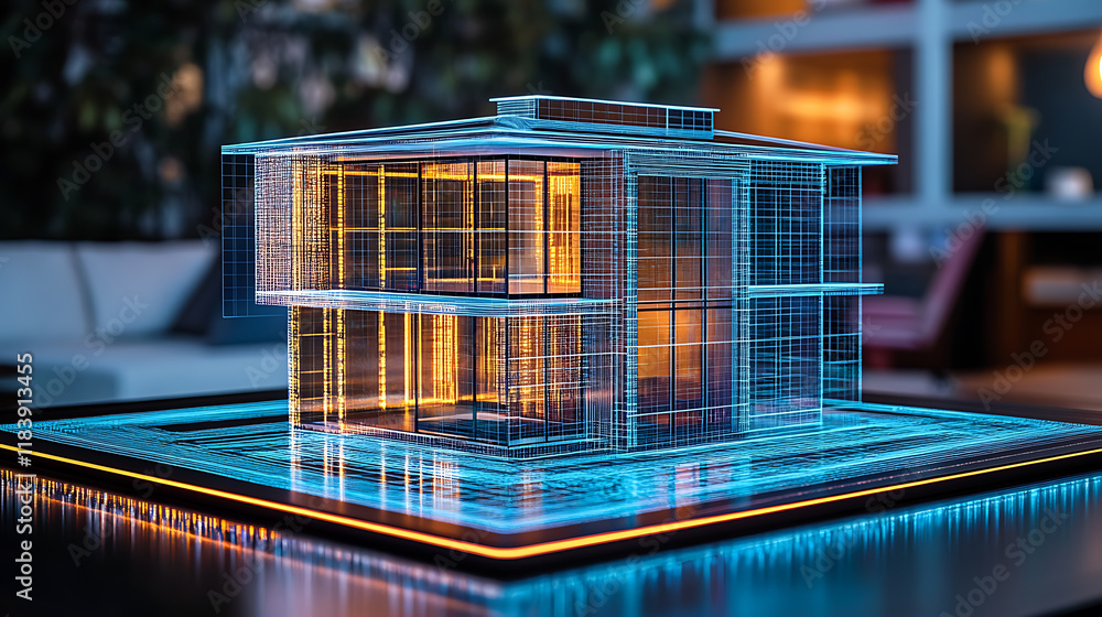 Poster digital hologram of a modern house on a digital table technology concept for real estate or architec