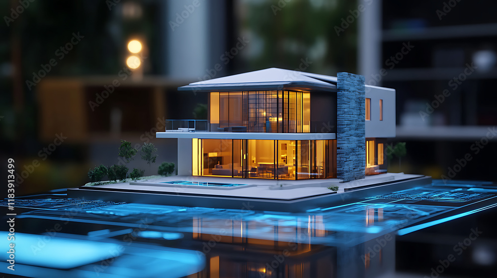 Aufkleber digital hologram of a modern house on a digital table technology concept for real estate or architec